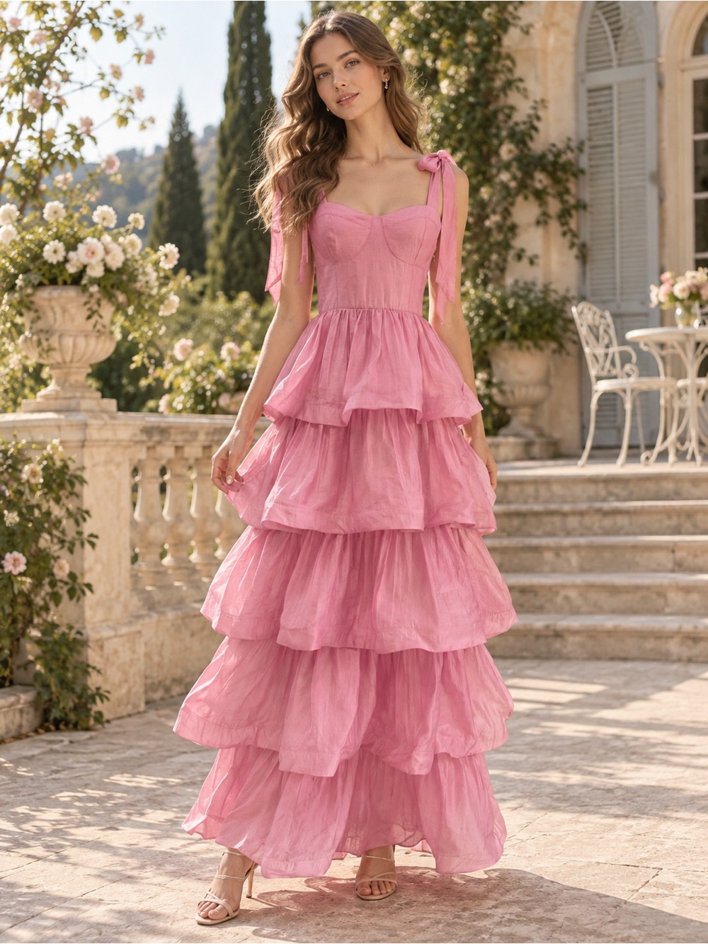 & Other Stories Pink Tiered Tie-Shoulder Maxi Dress